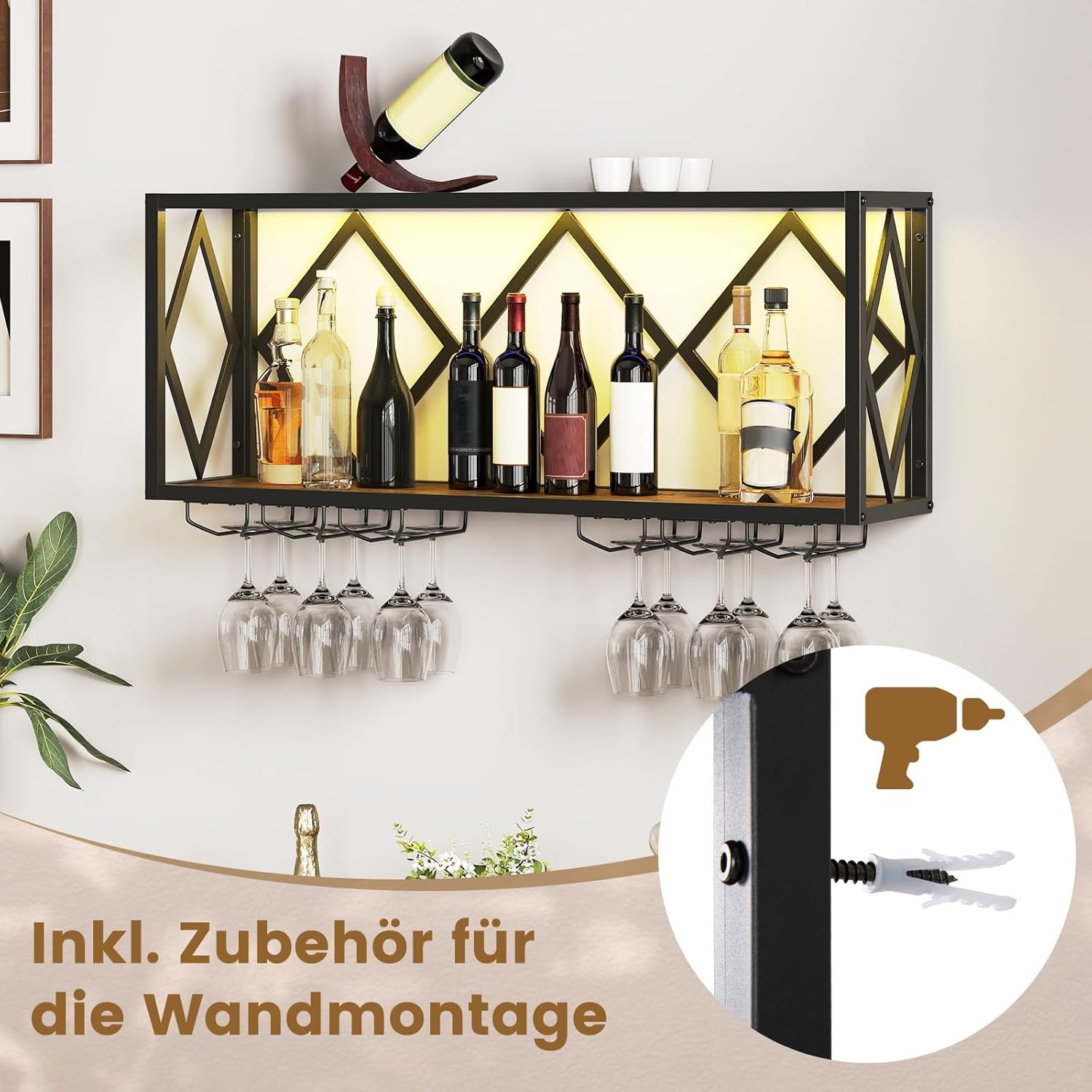 COSTWAY Wine Rack Wall with LED Lighting, 2 Tier Bottle Shelf Wood with Metal Frame, with 6 Rows Wine Glass Holder, Industrial Design, Perfect for Home, Bar, Kitchen and Restaurant - Fixaotrixa