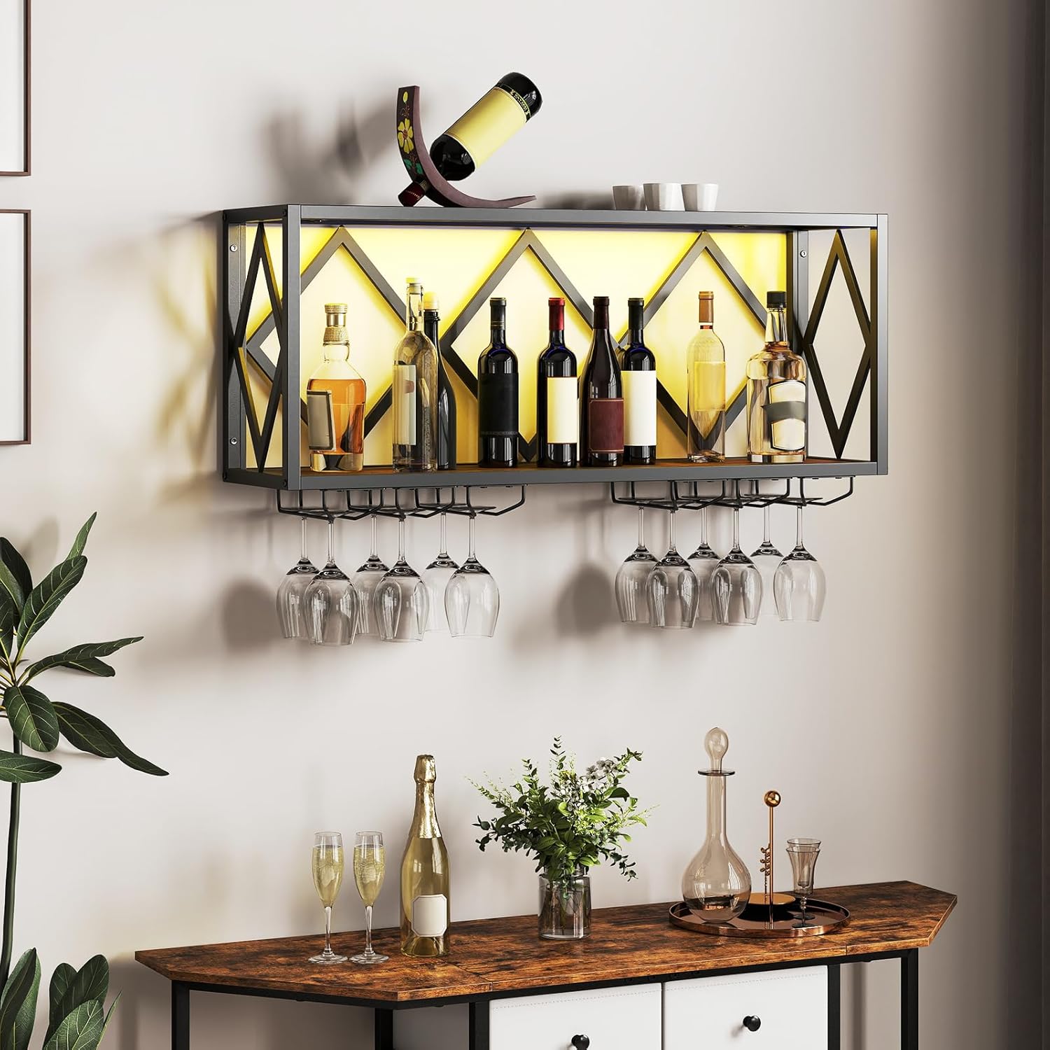 COSTWAY Wine Rack Wall with LED Lighting, 2 Tier Bottle Shelf Wood with Metal Frame, with 6 Rows Wine Glass Holder, Industrial Design, Perfect for Home, Bar, Kitchen and Restaurant - Fixaotrixa