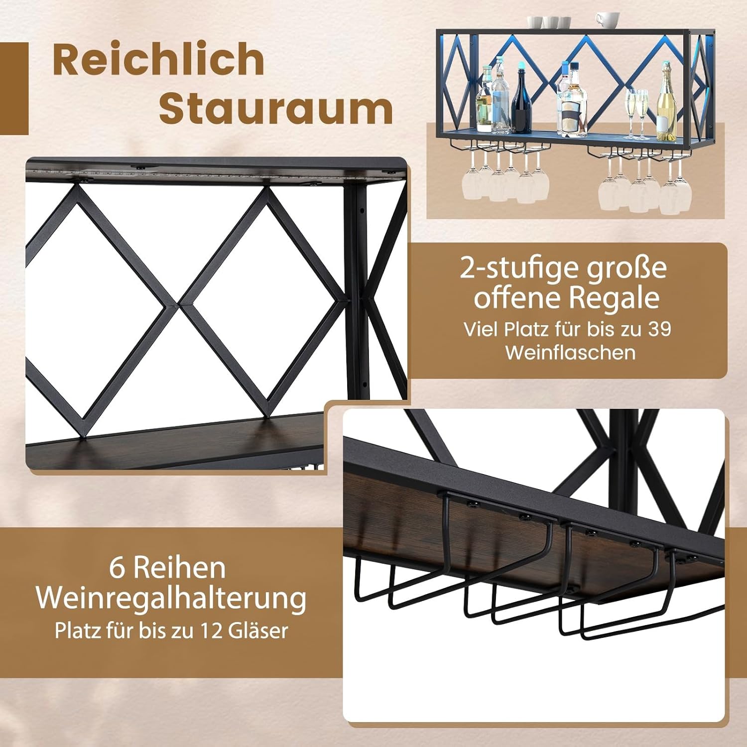 COSTWAY Wine Rack Wall with LED Lighting, 2 Tier Bottle Shelf Wood with Metal Frame, with 6 Rows Wine Glass Holder, Industrial Design, Perfect for Home, Bar, Kitchen and Restaurant - Fixaotrixa