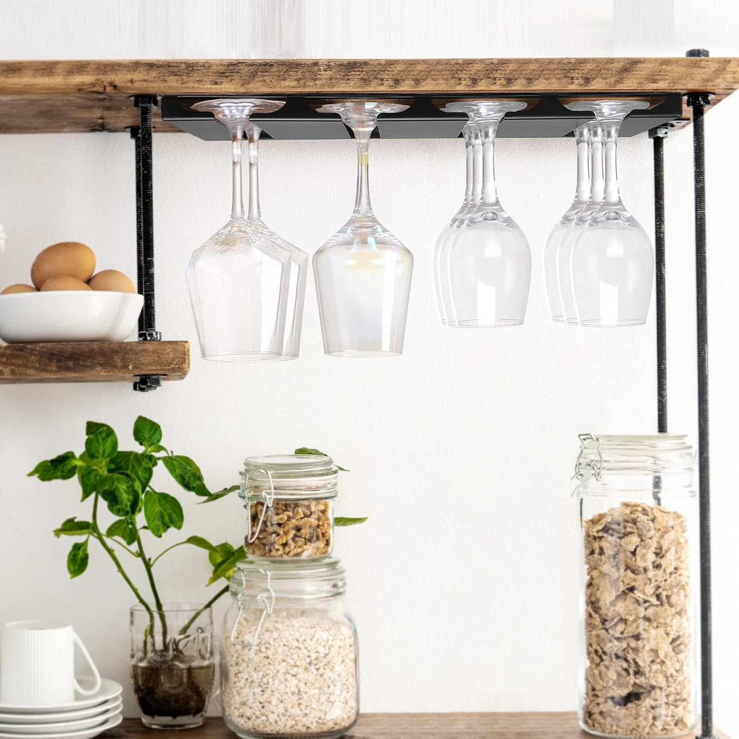 Hanging Wine Glass Rack Under Cabinet Storage Hanger with 4 Rows Metal Bar Shelves for Kitchen Restaurant Cabinet Shelf - Fits from 0.4 to 3.4 Inch Base of Beaker HG617 - Fixaotrixa